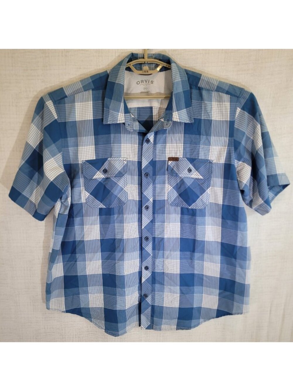 Orvis Short Sleeve Shirt Mens XXL Blue Plaid Button Up Fishing Breathable Casual